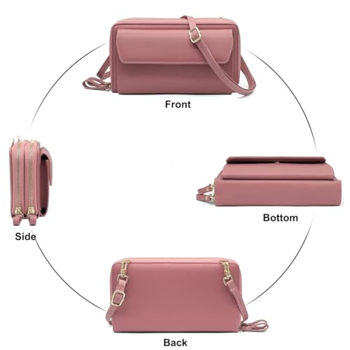 Women Leather Wallet Crossbody Shoulder Bag with Double Zipper and Mobile Phone Purse with Shoulder Strap - color: 109-dark Pink