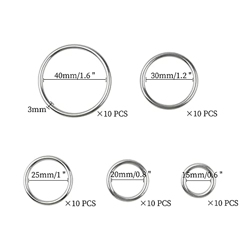 50 Pcs Stainless Steel Smoothing Welded O-Ring, 15/20/25/30/40mm Inside Diameter Metal Round Rings for Camping Belt, Dog Leashes, Hardware (Thickness 3mm, 10 of Each)