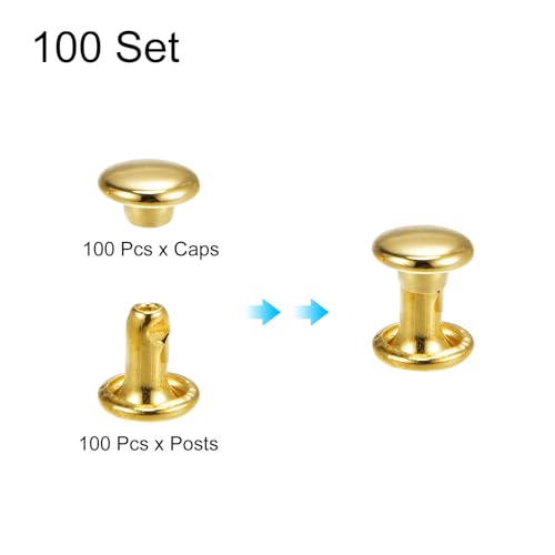 HARFINGTON 100 Sets Double Cap Leather Rivets, 6x6mm Round Cap Tubular Metal Studs Leather Crafting Rivets for Fabric Belt Pet Collar Boot Bag Repair and Decoration, Gold - color: Gold, size: 6x6mm
