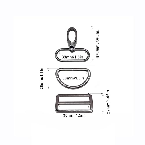 Goyunwell Bag Hardware 1-1/2 inch Swivel Snap Hooks D Ring Tri-Glides Slide | 5 Set Metal Buckles Gunmetal for Purses Handbag Backpack Crossbody Bag Dog Collars Webbing Keychain Lanyard Strap 1.5 inch - color: Gunmetal, size: 1-1/2 inch
