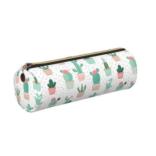 OSAM SPACE Leather Pencil Case Round Pencil Bag Plant Cactus Simple Pen Organizer Holder Portable Zipper Pouch Cute School Supplies for Girls Boys Study Office - color: Plant Cactus Simple