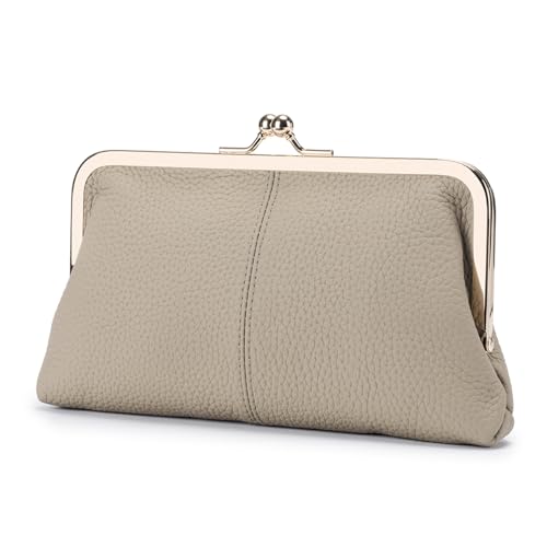 Women's Genuine Leather Wallet - Fashionable Kiss Lock Card Holder, Long Clutch Purse, Portable Large Capacity Travel Wallett (Gray) - color: Gray