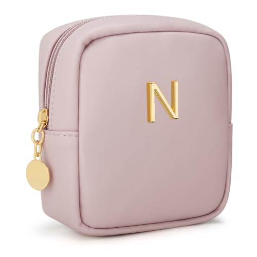 Initial Mini Makeup Bag Cosmetic Bag for Women | Personalized Gift, Toiletry Bags, 2 Mesh Pockets, Soft PU Leather, Water Proof Design, Smooth Zipper & Sturdy Build - size: 1pc Pink, style: N