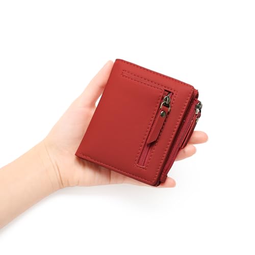 GOIACII Small Women's Wallet Compact Bifold Credit Card Holder Mini Ladies Purse with 2 Zipper Coin Pockets - color: D02 Red