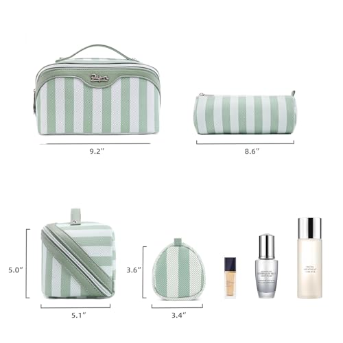 BOYATU Travel Makeup Bag for Women: 3 Pcs Set Striped Make up Bag,Green | Vegan Leather Cosmetic Bags with Compartments - Waterproof Large Capacity Toiletry Bags - 180° Open-Flat Makeup Organizer - color: A-2-Green