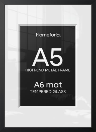 Homeforia A5 Black Picture Frame, High-End Metal, A6 Mat, Glass | High End Aluminum, Tempered Glass, Acid-Free A6 Removable Mat, A5 Edge-to-Edge Display, Wall Kit, Set Of 1 - color: Carbon Black, size: A5