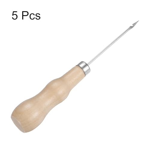 HARFINGTON 5pcs Handwork Sewing Awl Reed Wood Hook Head Awl Leather Punch Hole Tool with Wooden Handle Scratch for Broken Wire Make Mark Drilling Stitching Repair and DIY Handmade, Log Color