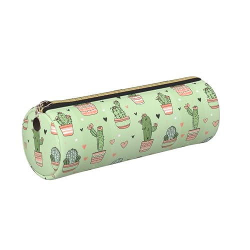 OSAM SPACE Leather Pencil Case Round Pencil Bag Cactus Heart Pen Organizer Holder Portable Zipper Pouch Cute School Supplies for Girls Boys Study Office - color: Cactus Heart