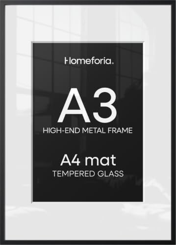 Homeforia A3 Black Picture Frame, High-End Metal, A4 Mat, Glass | High End Aluminum, Tempered Glass, Acid-Free A4 Removable Mat, A3 Edge-to-Edge Display, Wall Kit, Set Of 1 - color: Carbon Black, size: A3