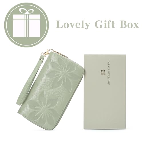 GOIACII Women's Wallet RFID Blocking Leather Wristlet | 2 Zip Around, Large Capacity, Credit Card Holder, Ladies Phone Clutch Purse - color: A09 Mint Green
