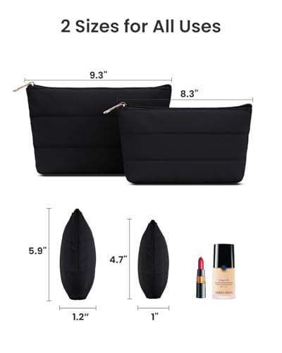 Wandering Nature Small Makeup Bag 2 Pack Cosmetic Bag for Purse, Puffer Quilted Makeup Pouch, Cute Travel Pouch with Zipper for Women, Black - color: Black-Puffer