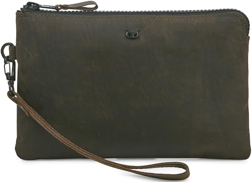 Leather Wristlet Wallet for Women Clutch Handbag Purse with Cell Phone Slot | Genuine Top Grain Leather, 8 Credit Card Slots, Detachable Strap, YKK Zipper, Gifts for Women - color: Coffee Crazy Horse