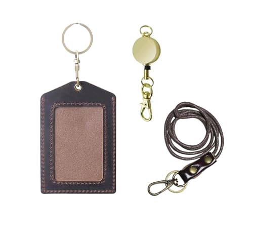 Genuine Real Leather ID Badge Holder with Lanyard & Retractable Reel, Top Grain Leather Vertical ID Holder & Lanyard, Gold Metal Keyring (Coffee) - color: 14 Id Holder & Lanyard - Coffee