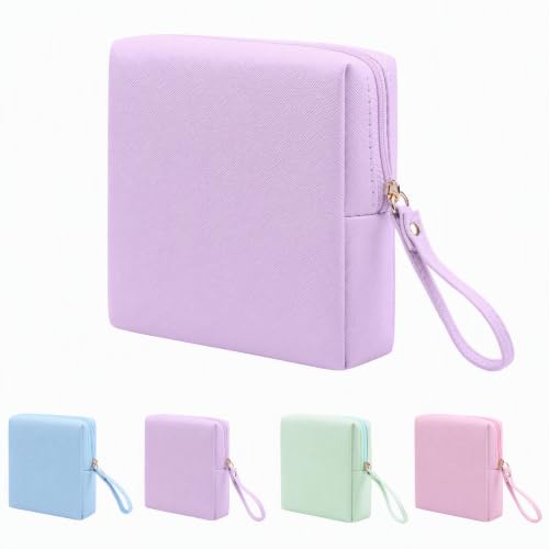 Sanitary Napkin Period bag for Women, Sanitary Napkin Storage Bag, PU Leather Sanitary Pad Bags Pounch, Portable Tampons Zipper Organizer Bag with Handle for Ladies - color: Purple
