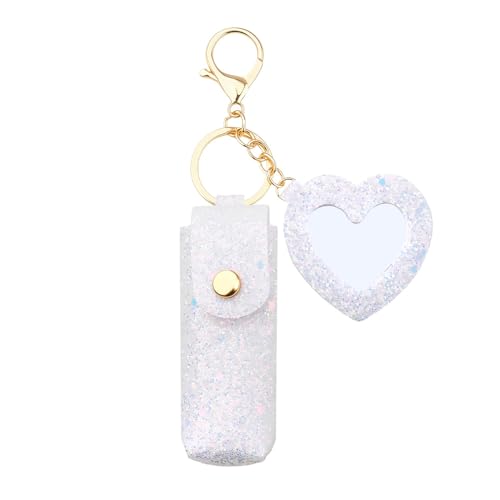 Sisadodo Glitter Lip Oil Holder Key Chains for Woman Lipstick Case with Mirror Lip Balm Keychain for Lipstick Case Keychain - color: White-heart