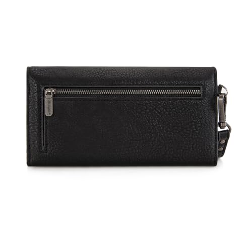 Montana West X Wrangler Womens Wallet Large Capacity Long Compact | Black Wallet for Women Wristlet Wallet with Rfid Lining Trifold Cash Wallet with Coin Purse and Detachable Wrist Strap - color: Trifold-Black