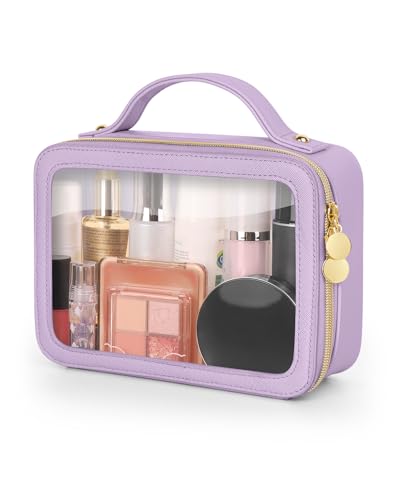 Soimeat Clear Makeup Bag, Portable Travel Cosmetic Bags, Multipurpose Leather Toiletry Bag with Zipper, Waterproof Transparent Cosmetic Organizer for Women, Medium, Purple - color: Purple, size: Medium