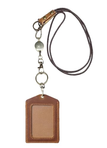 Genuine Real Leather ID Badge Holder with Lanyard & Retractable Reel, Top Grain Leather Vertical ID Holder & Lanyard, Gold Metal Keyring (Brown) - color: 11 Id Holder & Lanyard - Brown