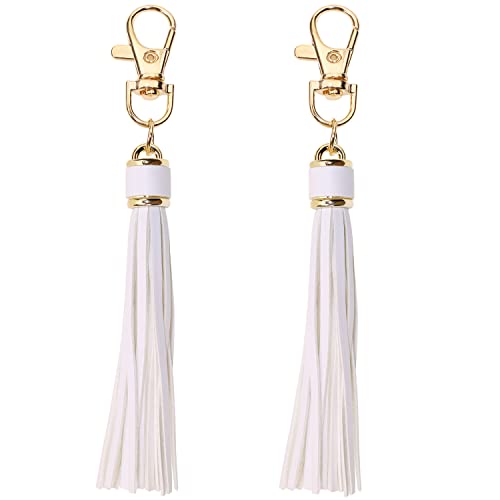 Penta Angel 2Pcs 5.9'' Large PU Leather Tassel with Lobster Swivel Keychain Pendant for Handbag Backpack Jewelry Making (White) - color: White