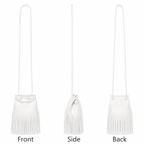 Women Mini Tassel PU Leather Crossbody Shoulder Bag Drawstring Bucket Bag | Small Fringe Cross body Bag Cell Phone Coin Purse Wallet - color: White