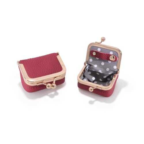 Genuine Leather Mini Jewelry Box Coin Purse for Women,Solid Color Kiss Lock Jewelry Case Organizer,Mini Travel Ring Box - color: Wine Red