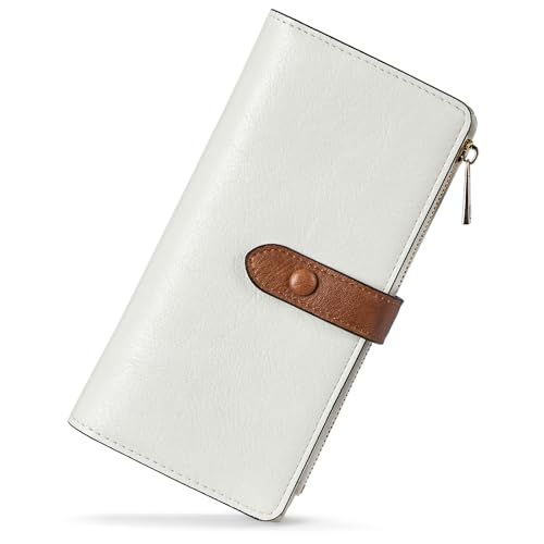 BOSTANTEN Womens Leather Wallet RFID Large Capacity Credit Card Holder | 4 ID Windows, 16 Card Slots, Zipper Coin Pocket, Clutch Wallet, Long Bifold, Ladies Gifts, Beige＆Brown - color: B-Brown＆Beige-oil wax