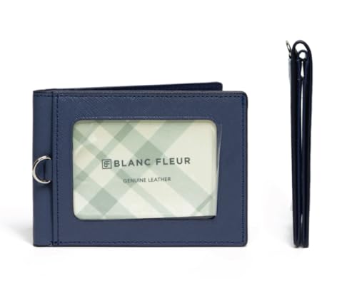 Slim Leather Lanyard Wallet, Folding Card Holder with Snap Button, ID Badge Neck Wallet Set (Solid, Navy) - color: Navy, style: Solid