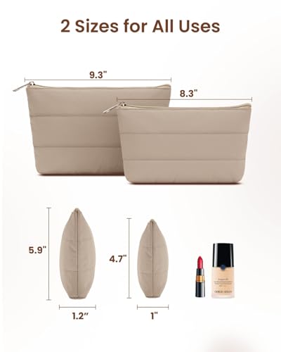Wandering Nature Small Makeup Bag 2 Pack Cosmetic Bag for Purse, Puffer Quilted Makeup Pouch, Cute Travel Pouch with Zipper for Women, Khaqi - color: Khaqi