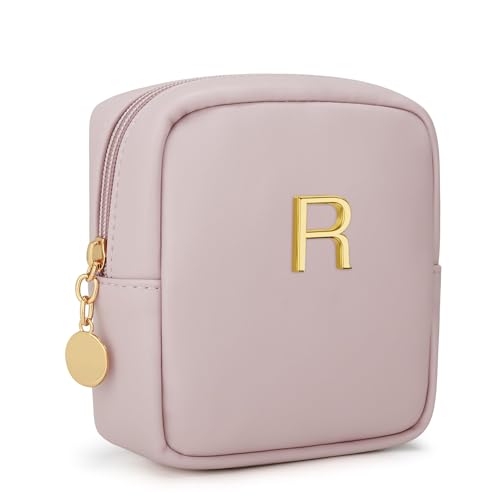Initial Mini Makeup Bag Cosmetic Bag for Women | Personalized Gift, Toiletry Bags, 2 Mesh Pockets, Soft PU Leather, Water Proof Design, Smooth Zipper & Sturdy Build - size: 1pc Pink, style: R