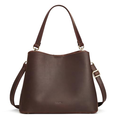 S-ZONE Leather Crossbody Bags for Women Medium Bucket Purses with 2 Straps | Top Grain Leather, Shoulder Handbag, Multi Compartments, Roomy Capacity, Bottom Rivets, for Travel or Daily - color: Dark Brown