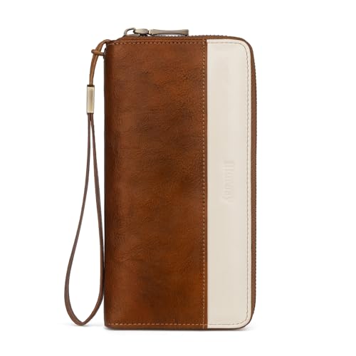 Leather Wallet for Women RFID Blocking Wristlet (darkbrownwhite) | Large capacity design With 12 credit card slots,zip coin pocket,cash pocket,Detachable Wristlet,daily shopping travel wallet - color: a7-darkbrown white