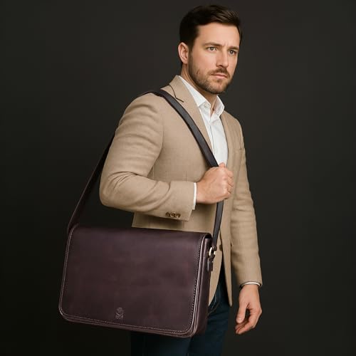 Leather Messenger Bag for Men - 16 Inch Full Grain Vintage Laptop Satchel | Crossbody Office Bag Fits 16" Laptop, Quick Access Pockets, Adjustable Shoulder Strap, Magnetic Closure, Travel Trolley Strap - color: Dark Brown