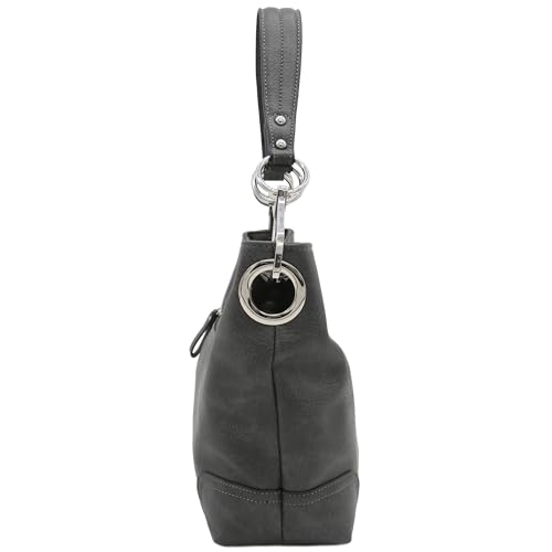 Hobo Shoulder Bag with Big Snap Hook Hardware - color: Charcoal Grey