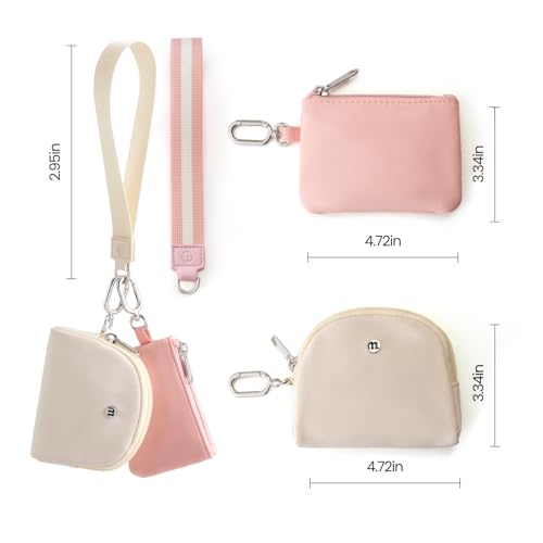 Mini Dual Pouch Wristlet Wallet for Women – Zip Around wristlet Keychain Wallet with 2 Wristlets, Ideal for Dog Walking, Coffee Runs & Lunch Break Essentials (Beige+Pink) - color: Beige+Pink