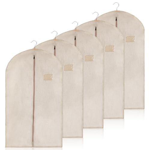 5 Packs Cotton Garment Bag for Hanging Clothes, 40" Breathable Hanging Suit Cover, Linen Garment Bags for Clothes Coats, Leather Jackets, Sweaters and Closet Storage - color: Tan