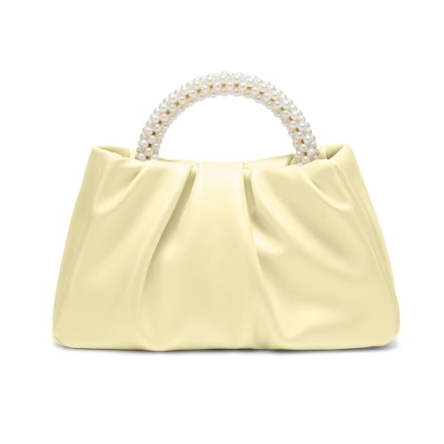 Beatfull Evening Bags for Women Wedding Party Pearl Clutch Purse | Pearl, Ruched Soft Leather, Small Handbag for Prom, Bridal Clutch - color: Creamy Yellow