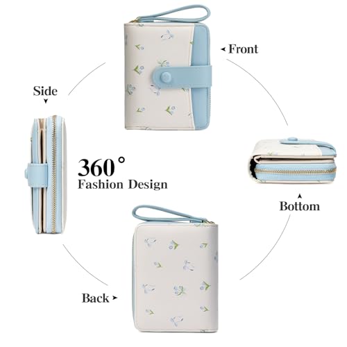 GAEKEAO Small Wallet for Women Vegan Leather Bifold Card Holder RFID Blocking Ladies Purse Floral Pattern with Zipper Pocket - color: Y04-Blue