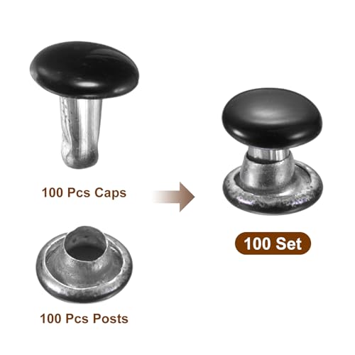 HARFINGTON 100 Sets Double Cap Leather Rivets, 6x6mm Round Cap Tubular Metal Studs Leather Crafting Rivets for Fabric Belt Pet Collar Boot Bag Repair and Decoration, Black - color: Black, size: 6x6mm
