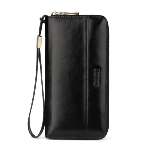 Real Leather Wallet Women RFID Blocking Large Capacity Card Holder | Large capacity design,zip coin pocket,(ypblack)wristlet wallet,daily shopping travel clutch wallet for ladies - color: b1-Oiled leather black