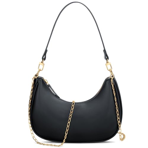 KKXIU Small Shoulder Bag for Women Mini Clutch Purses Cute Hobo Handbags | Classic Trendy Retro Underarm Crossbody Bag with Detachable Straps, Vegan Leather, Zipper Closure - color: Black