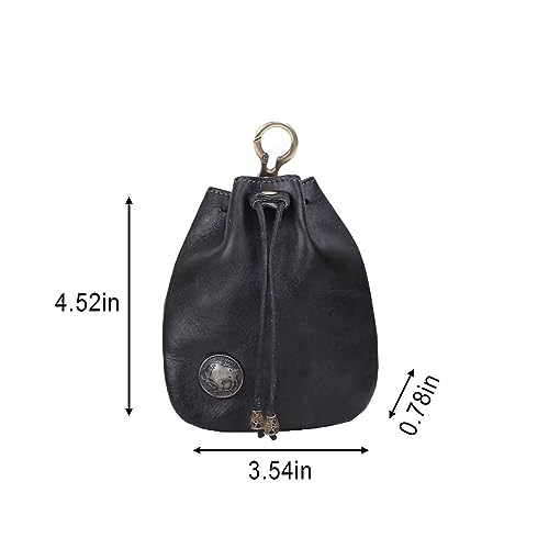 Medieval Drawstring Change Purse, Genuine Leather Key Ring Purse Coin Organizer Drawstring Gift Bag Jewelry Storage Bag Mini Multifunction Wallet for Men Women (Black) - color: Black