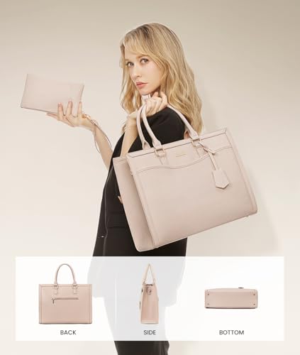 LOVEVOOK Laptop Tote Bag for Women, Large Work Computer Bag with Cup Holder - color: Leather/Apricot, size: 17.3 Inch