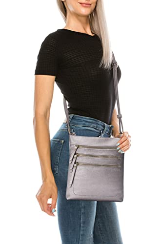 Solene Crossbody Bag Functional Multi Pocket Messenger Purse Top Zip Closure Shoulder Handbag With Adjustable Strap - color: Lt. Pewter