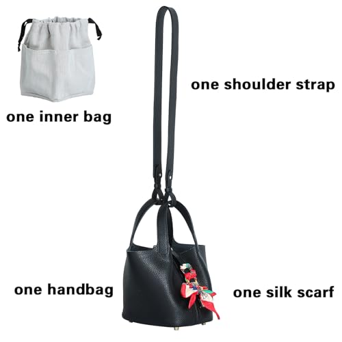 Genuine Leather Bucket Bag with Shoulder Strap, Organizer Insert & Silk Scarf for Women Handbag Tote Bag - color: Black-gold