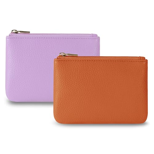 Chelmon PU Leather Coin Purse Pouch Change Holder Small With Zipper for Men Women 2 PCS Set (Brown&Purple) - color: Brown&Purple
