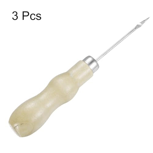 3pcs Handwork Sewing Awl Double Gourd Hook Head Leather Punch Hole Tool with Wooden Handle Scratch for Broken Wire Make Mark Drilling Stitching Repair and DIY Handmade, Log Color