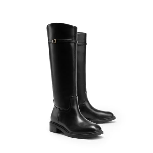 DREAM PAIRS Knee-High Buckle Strap Riding Boots | Round Toe Straight Shaft Knee-high Easy Pull-on Adjustable Metal Buckle 5mm Foam Insole Faux Suede & PU Leather Tall Boot - color: Black-pu, size: 9.5