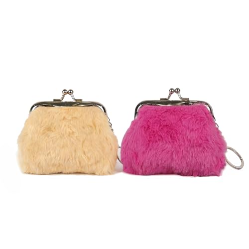 2 Pack Small Faux Fur Kiss-Lock Coin Purse for Women Soft Plush 3-Inch Mini Change Pouch with Keychain Tiny Coin Wallet