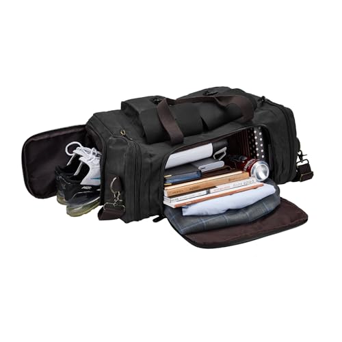Waxed Canvas Duffel Bag with Shoe Compartment - color: Black