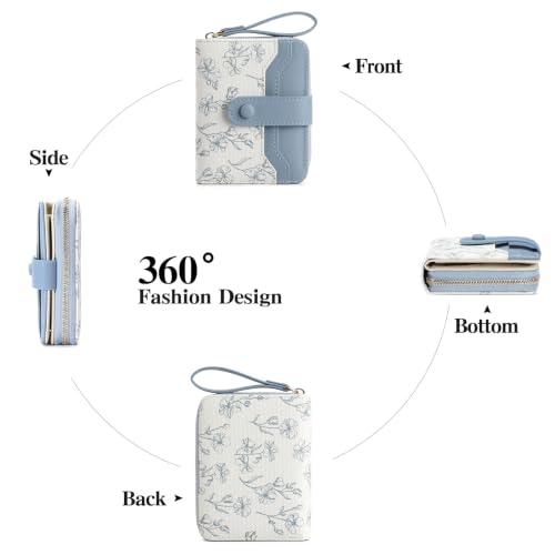 GAEKEAO Womens Wallet Slim Thin RFID Blocking Floral Leather Card Holder Bifold Long Ladies Wallet with Zipper Pocket - color: B03-Blue & White
